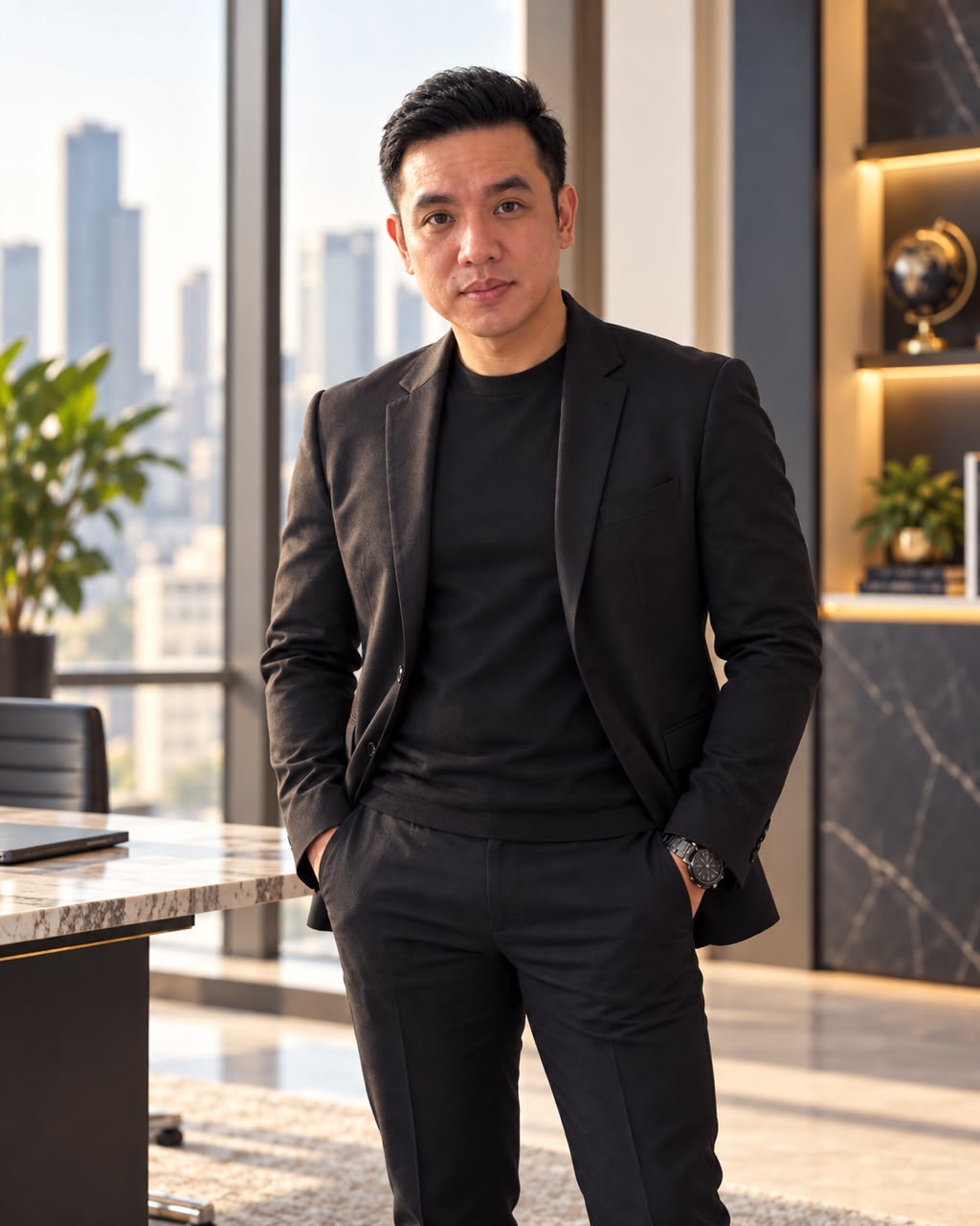 Portrait of founder Mr. Chan in a black suit